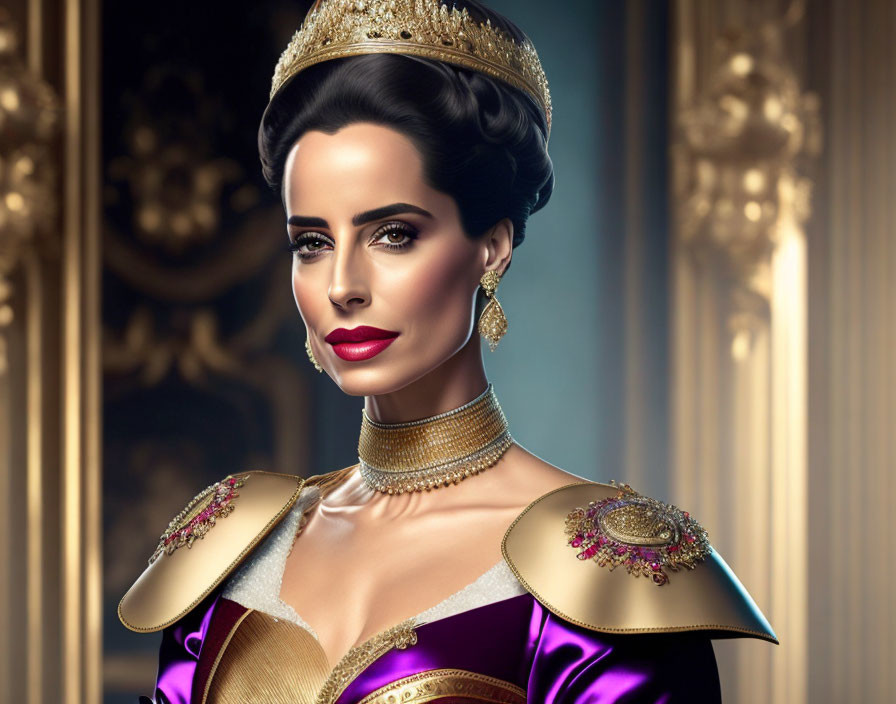 Regal woman in purple dress with crown and jewelry