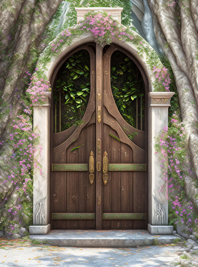 Ornate wooden door with stone pillars and blooming pink flowers