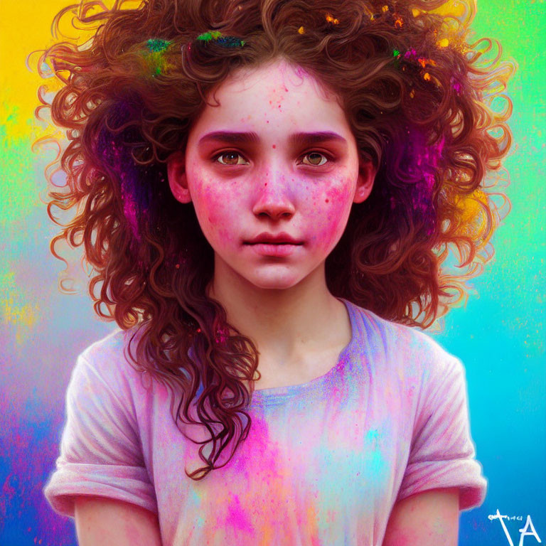 Curly-Haired Girl with Freckles in Colorful Powder Paint on Blue Background