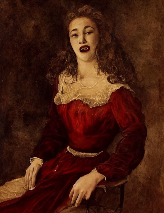 Portrait of a Woman in Red Dress with Lace Collar, Capturing Emotional Expression