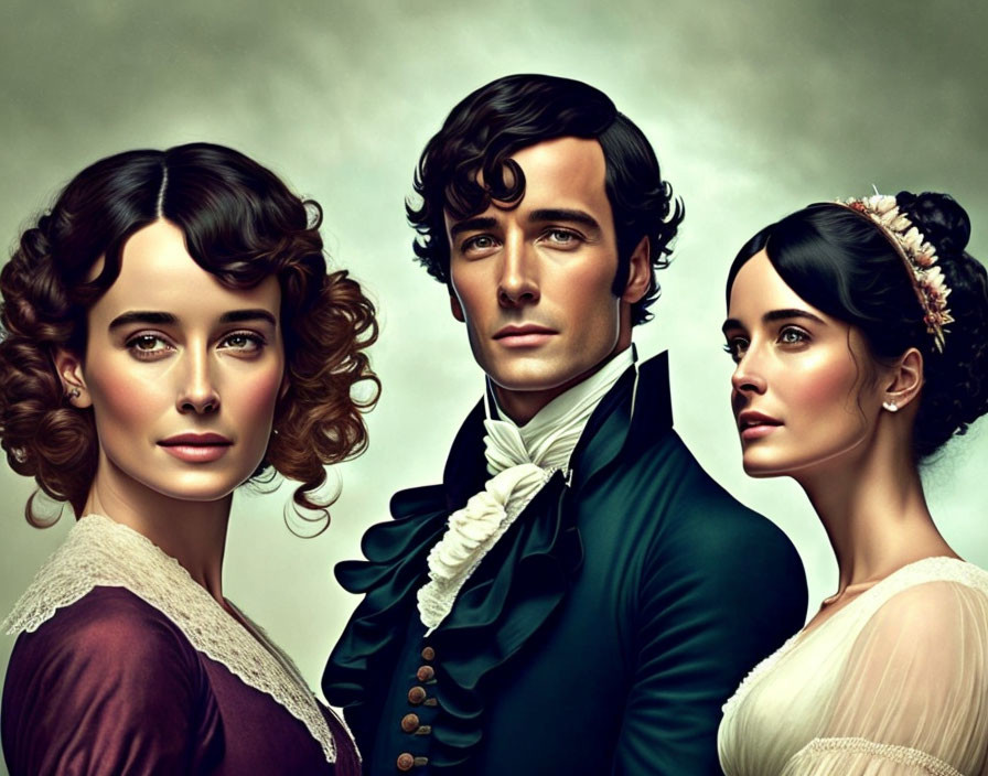 Illustrated period drama characters: man in cravat with two women in 19th-century hairstyles