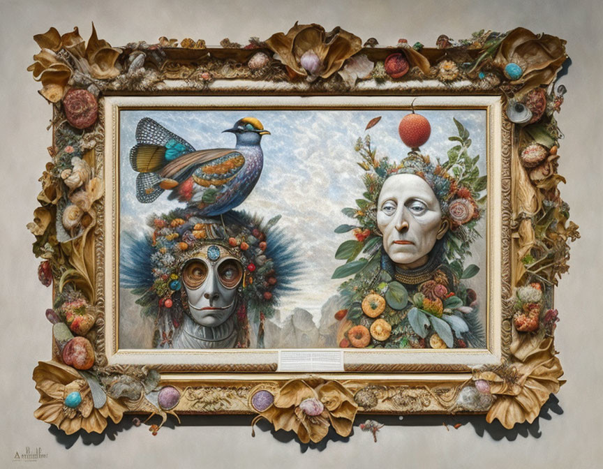 Surrealist painting of humanoid faces with nature elements in ornate frame