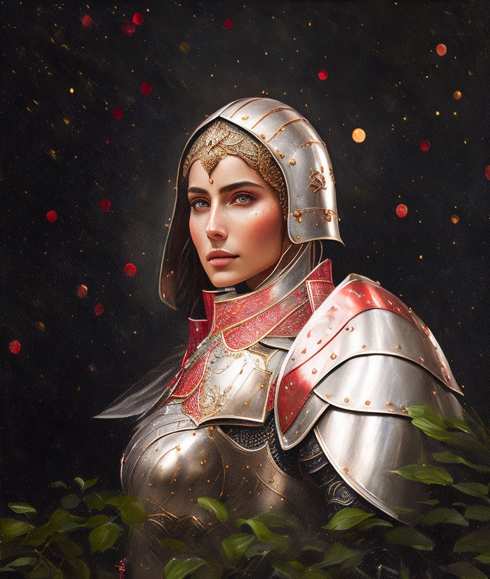 Detailed digital artwork: Woman in medieval armor, dark background with embers and greenery