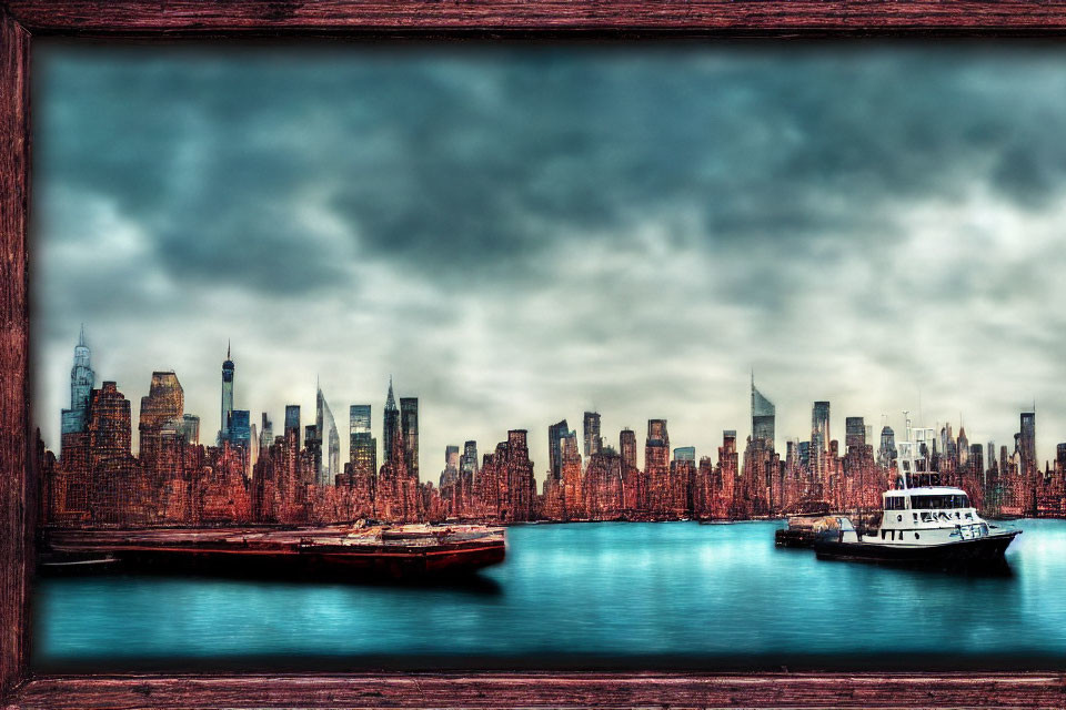 Stylized New York City skyline artwork with reddish hues over calm waters