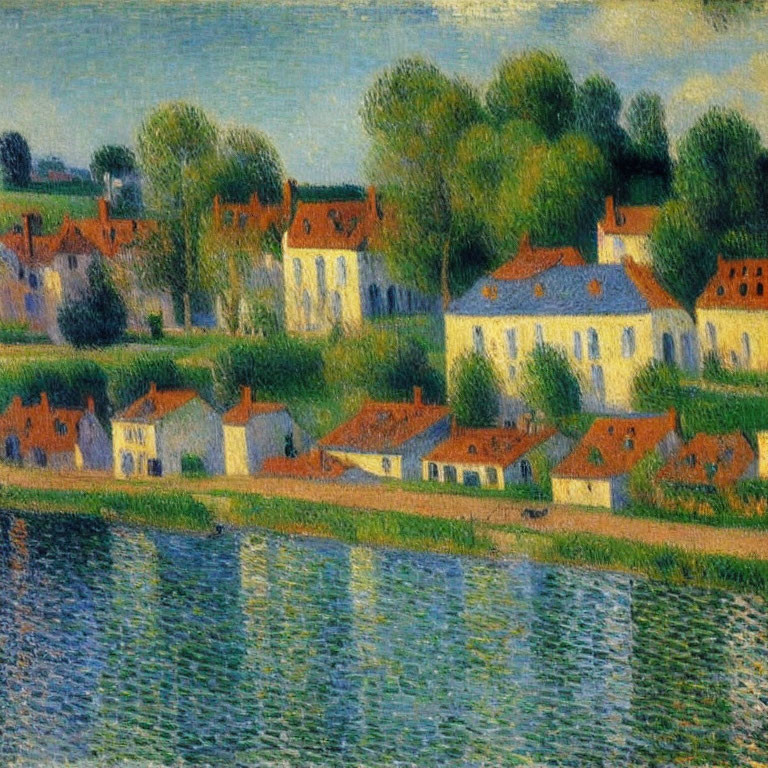 Tranquil riverside village painting with orange-roofed houses and reflection on water