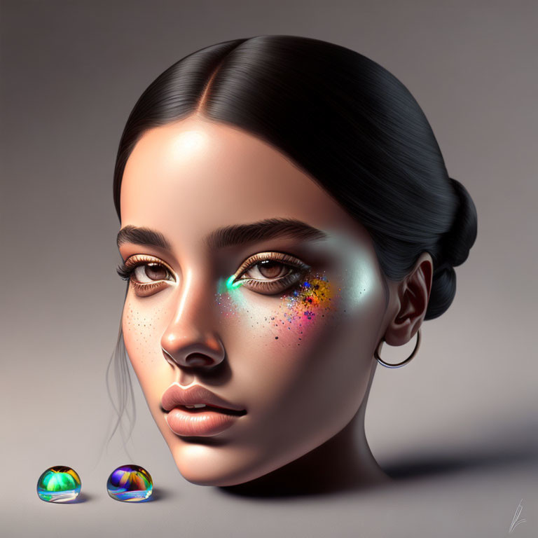 Detailed digital portrait of a woman with sleek hairstyle and vibrant makeup