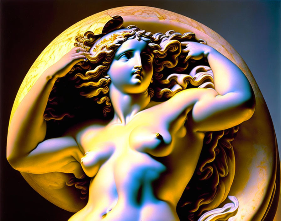 Classical-style sculpture of woman with flowing hair holding snake against moon-like sphere