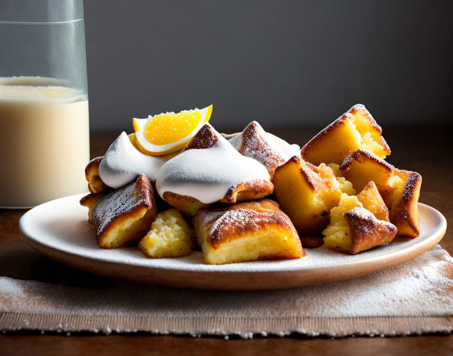 Star-shaped lemon cakes with powdered sugar and milk on wooden table