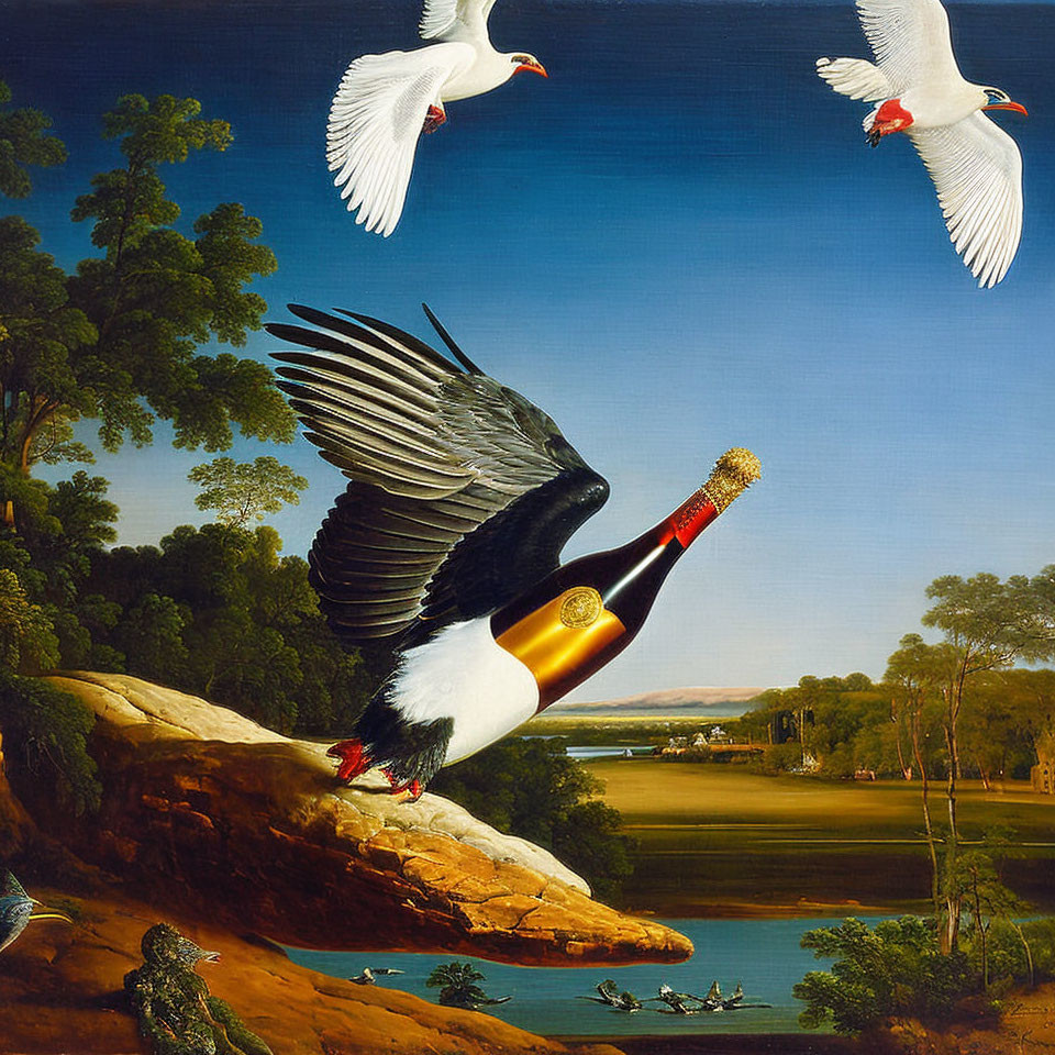 Altered painting of black and white bird with bottle body on cliff, two flying birds in serene landscape