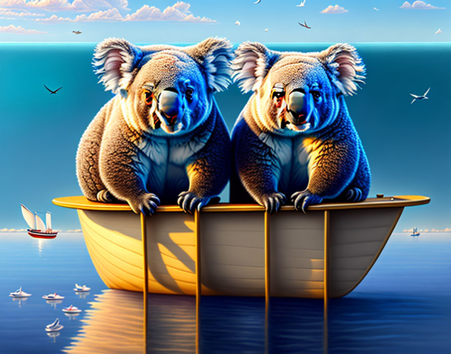 Two Koalas in Canoe on Calm Waters with Seagulls and Sailboats