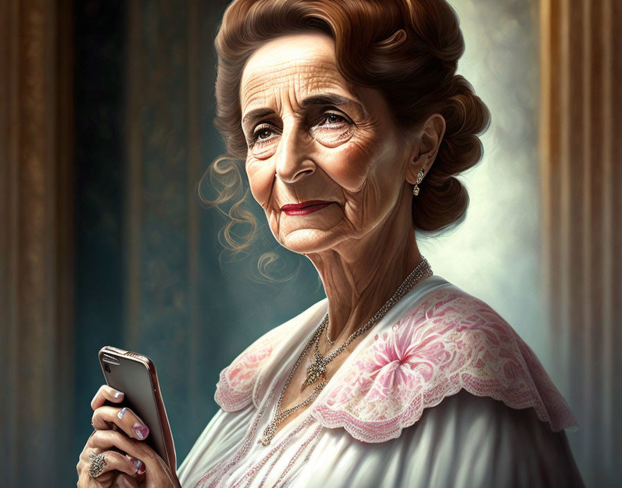 Elderly lady in lace-collared dress holds smartphone in sunlight.