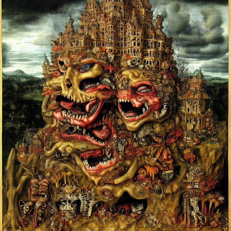 Surreal painting with grotesque faces in chaotic, multi-layered structure