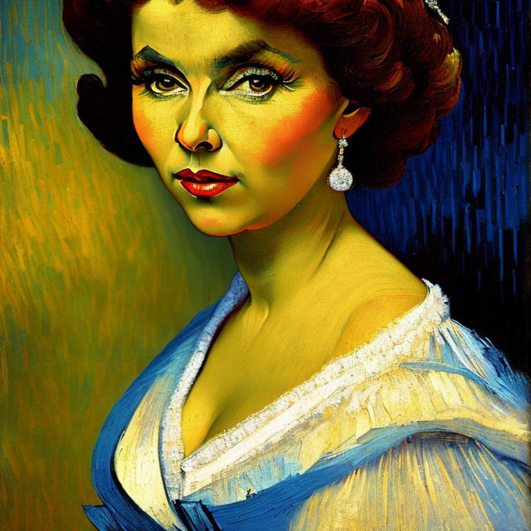 Vibrant portrait of a woman with bold makeup and elegant attire on a golden-blue background