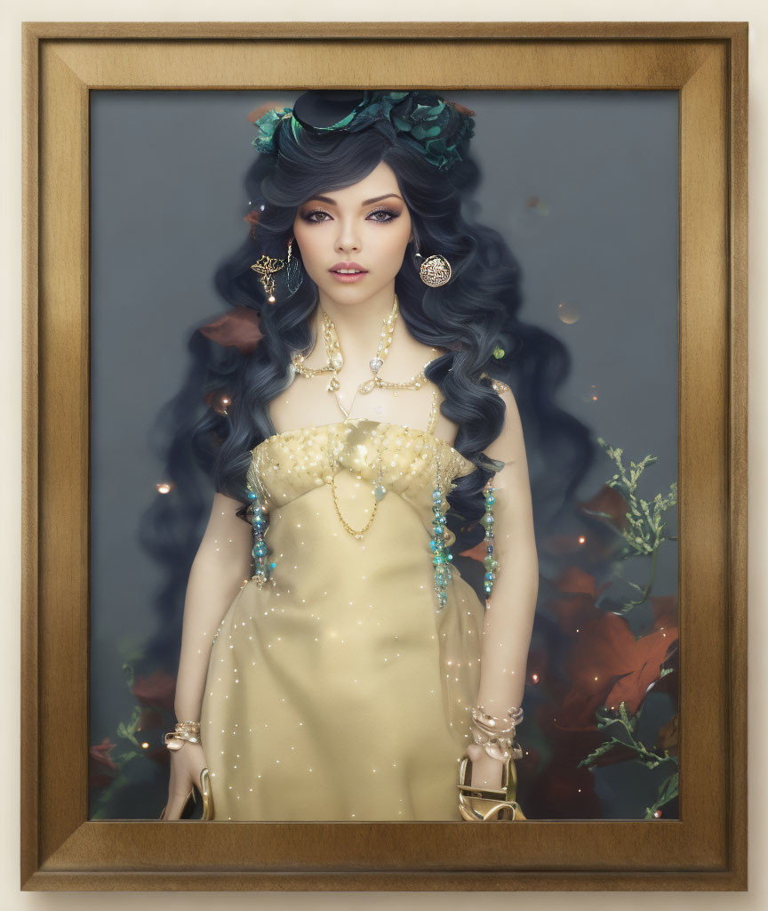 Woman with Wavy Blue Hair in Golden Dress Illustration in Wooden Frame