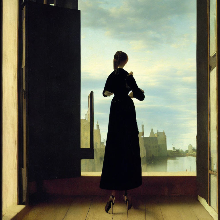 Woman in black dress gazes at calm river and old cityscape from open window