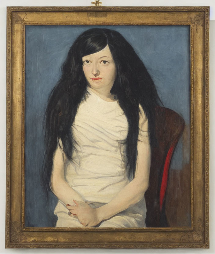 Portrait Painting of Seated Young Woman in White Dress with Black Hair