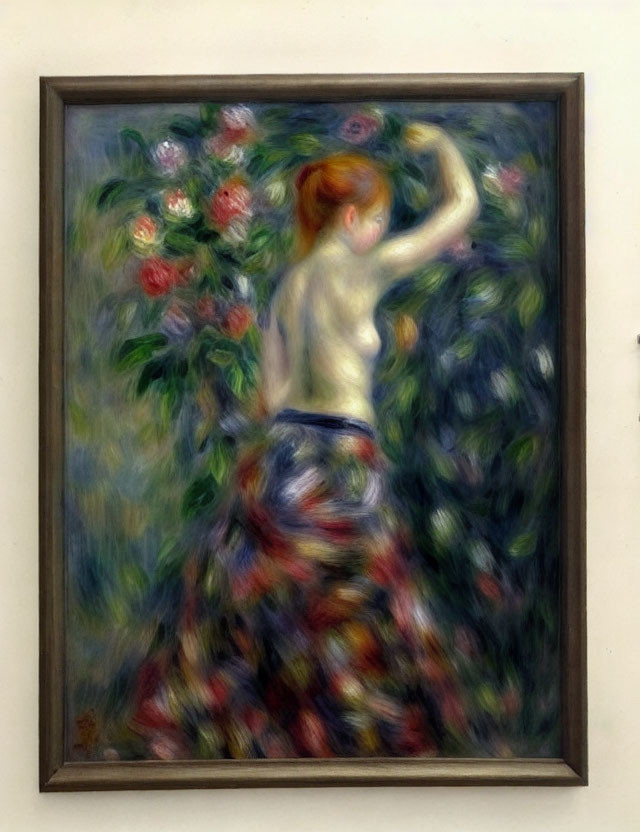 Woman with Red Hair in Colorful Skirt Reaching for Flowers in Garden Painting