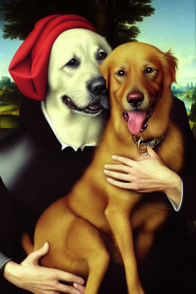 Whimsical Renaissance-style painting of two dogs embracing