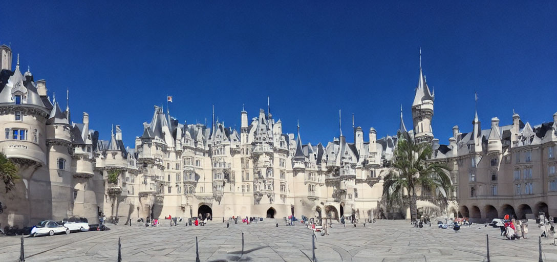 Grandiose Castle with Multiple Spires and Turrets in Panoramic View