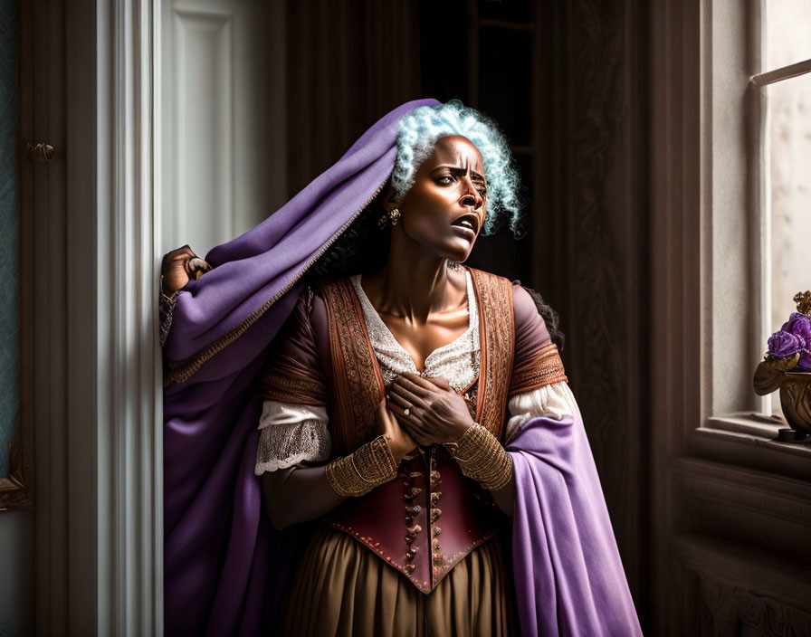 Blue-Haired Woman in Historical Fashion Poses Dramatically in Vintage Room