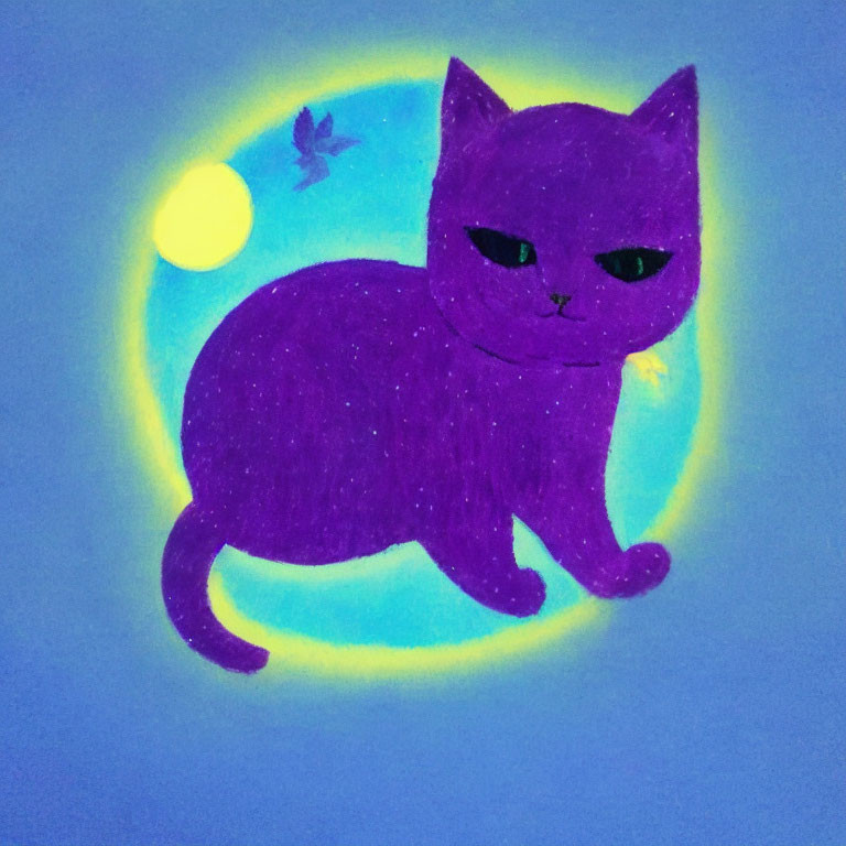 Purple Cat with Green Eyes on Blue Background with Yellow Moon and Silhouetted Bird