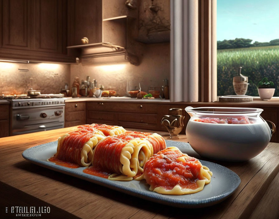 Rolled pasta with tomato sauce in cozy kitchen with countryside view.