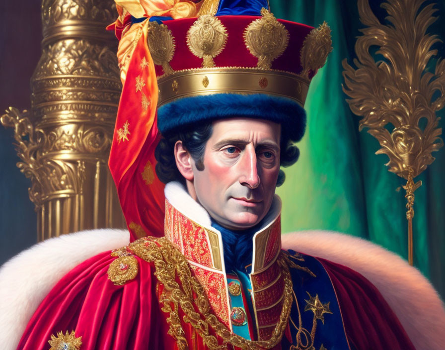 Regal man in blue and red uniform with gold crown and cape