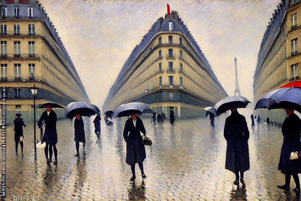 Rainy day scene with people and umbrellas near triangular building and Eiffel Tower.