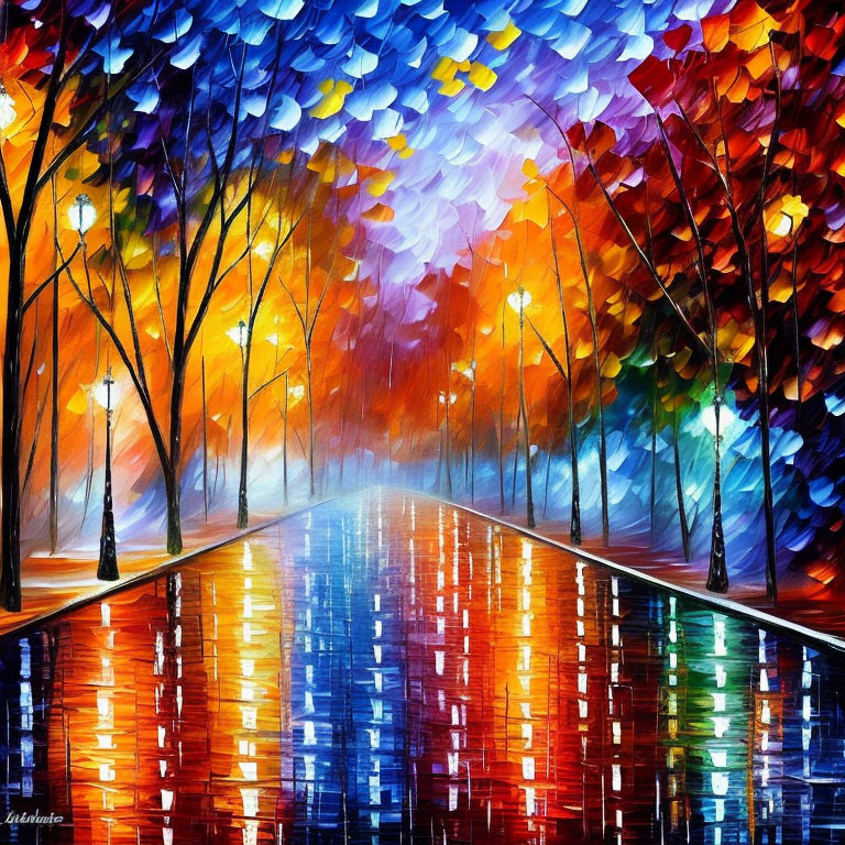 Colorful Impressionistic Tree-Lined Path Painting with Evening Reflections