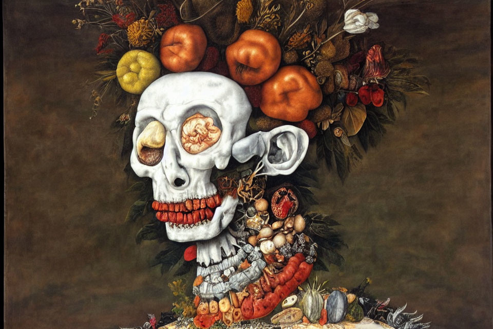 Still life artwork: Skull made of fruits, vegetables, and flowers symbolizing life's impermanence