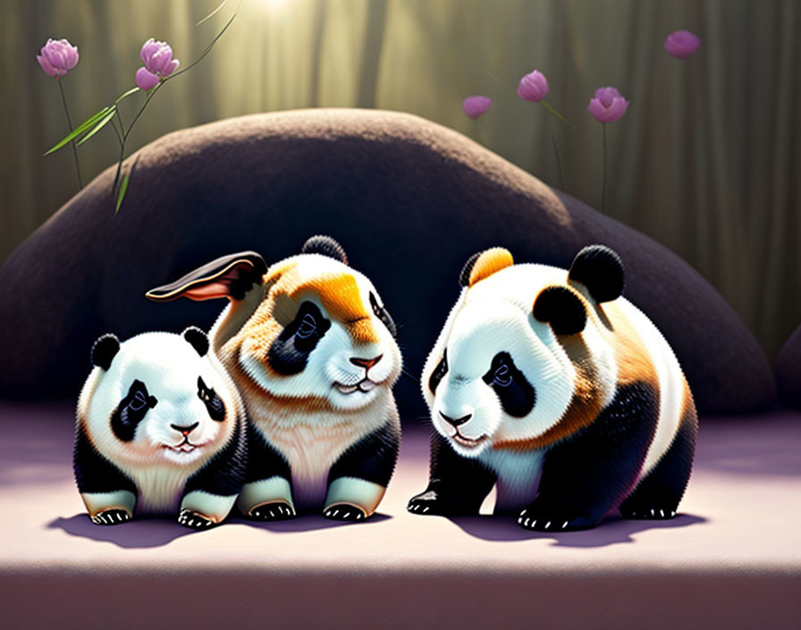 Illustrated panda cubs with guinea pig features under falling petals and rock