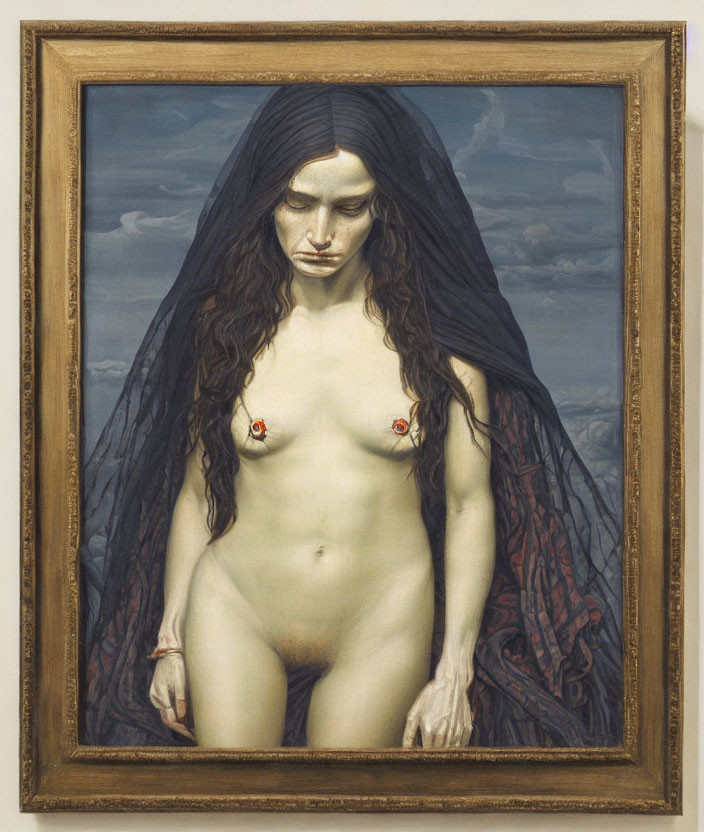 Melancholic nude woman with long dark hair and sheer veil against cloudy sky.