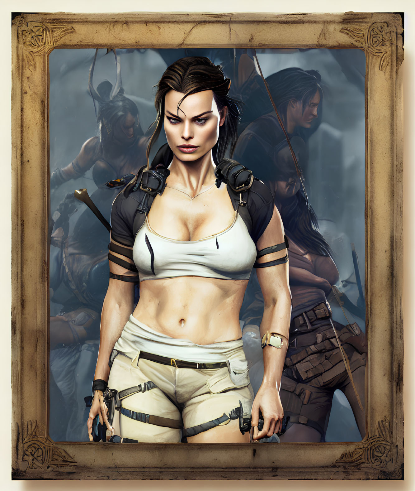 Stylized image of female adventurer with bow and arrows in ornate frame