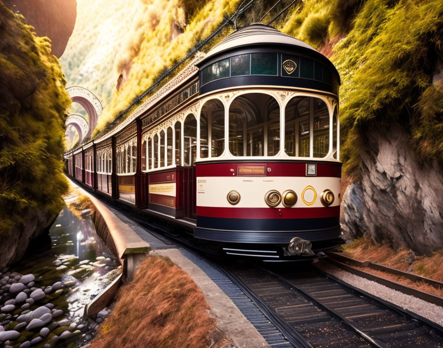 Vintage tram on lush green mountainside track with sunlit hills and stream