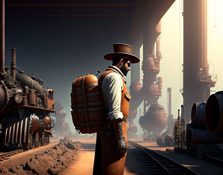 Man in top hat with barrel next to train in industrial setting