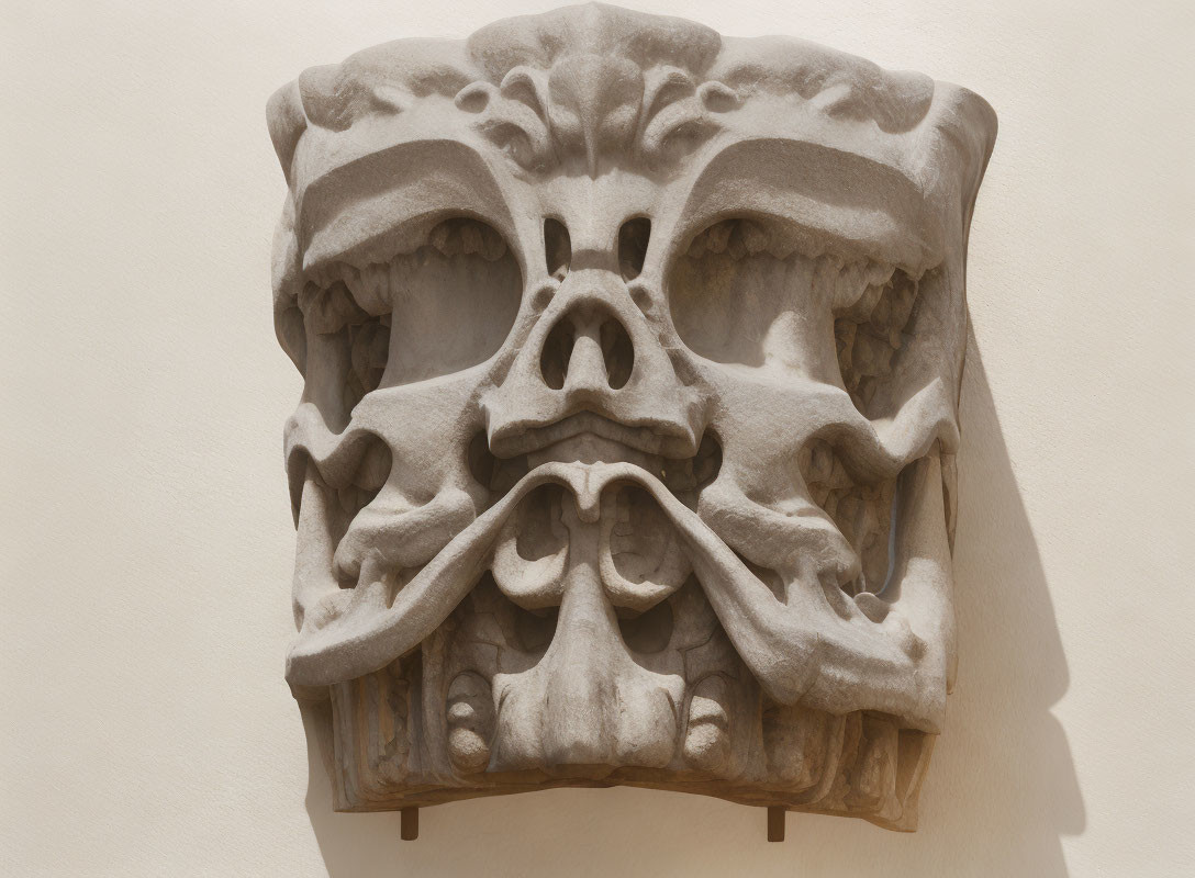 Symmetrical Stone Carving with Mask-like Figure and Foliage Design