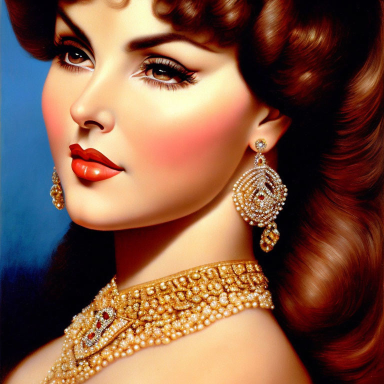 Illustrated portrait of woman with voluminous brown hair, red lips, and golden jewelry exuding vintage