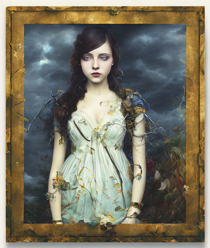 Portrait of woman with pale skin and dark hair in vintage green dress, framed by ornate border against