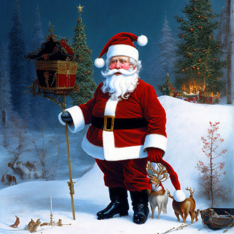 Santa Claus with lantern in snowy scene with animals and Christmas tree.