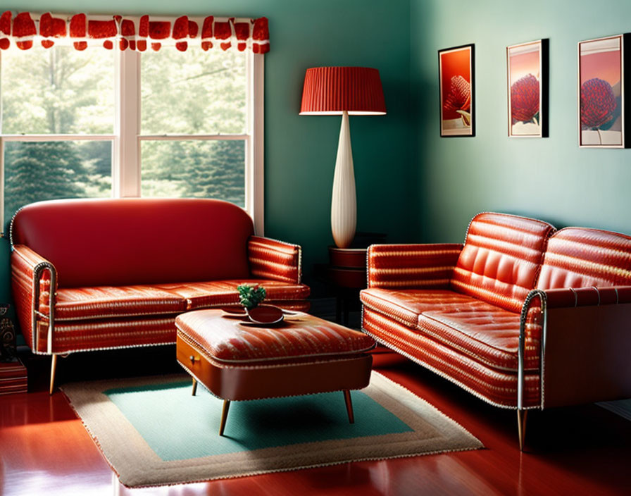 Sophisticated Living Room with Red Leather Sofas and Teal Walls