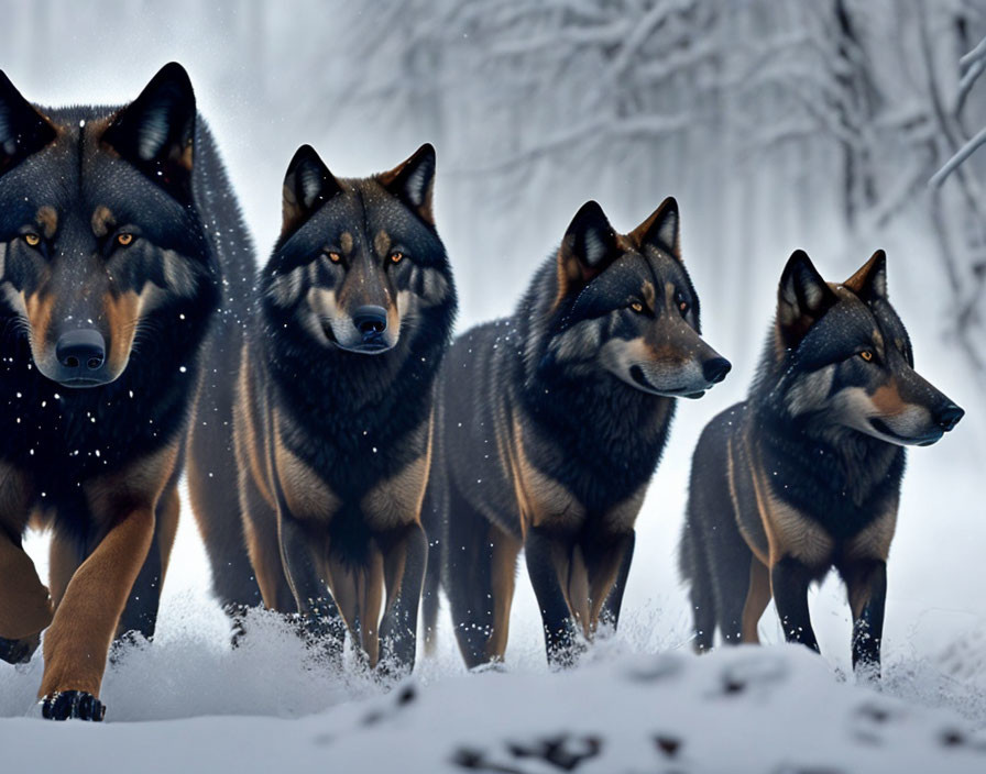 Four Wolves in Snowy Landscape: Two Wolves in Foreground Gazing Forward, Two Wolves Behind