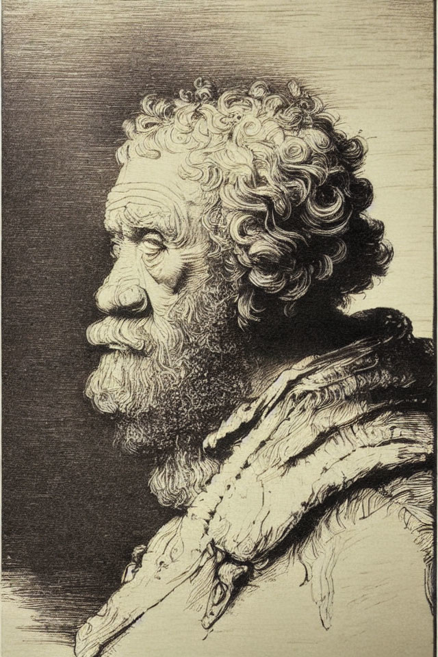 Detailed etching of old man with curly hair and beard in profile.