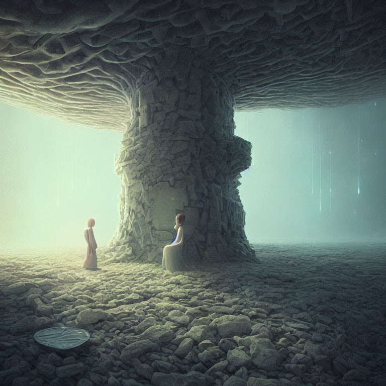 Surreal landscape with figures under massive mushroom rock