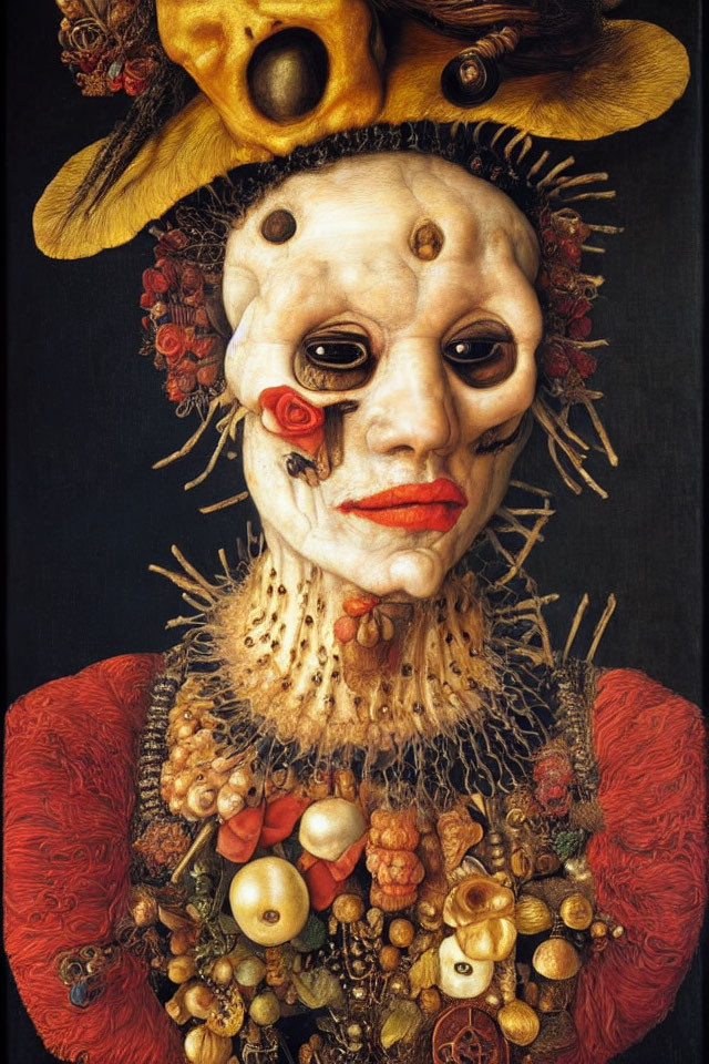 Intricate painting of figure with mask-like face, gold, flowers, jewels, red and gold