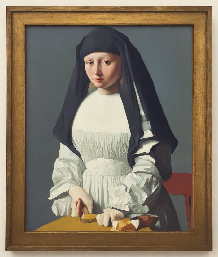 Nun in habit slicing fruit with knife