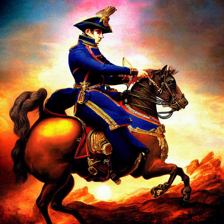 Military Figure in Blue Uniform on Rearing Horse Under Sunset Sky