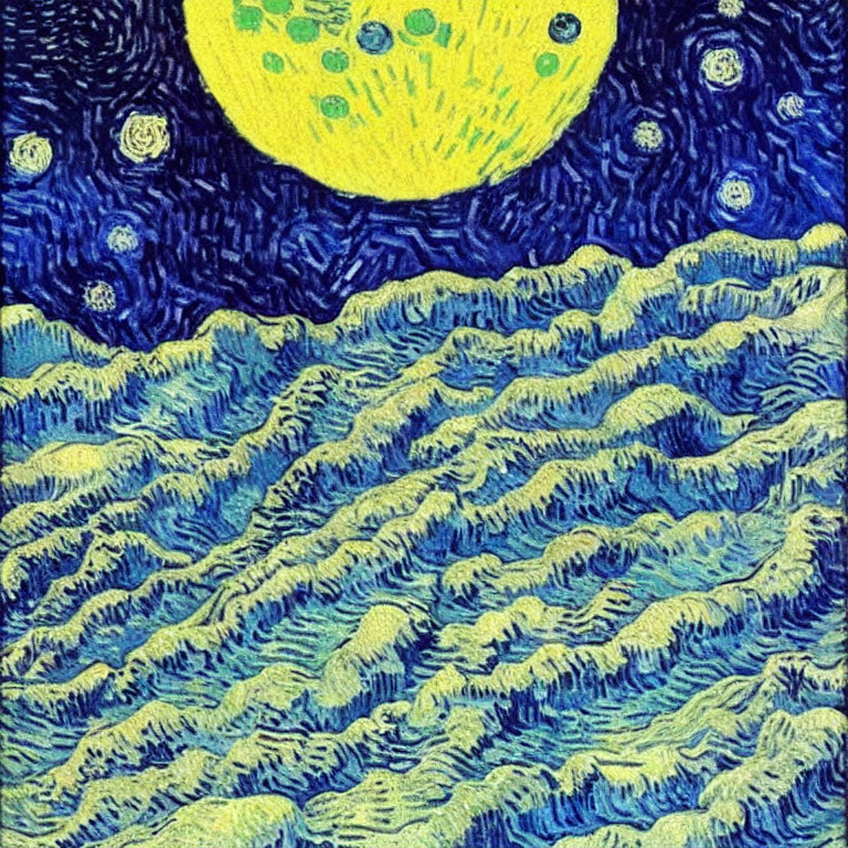 Vibrant night sky painting with moon and stars over blue & white hills.