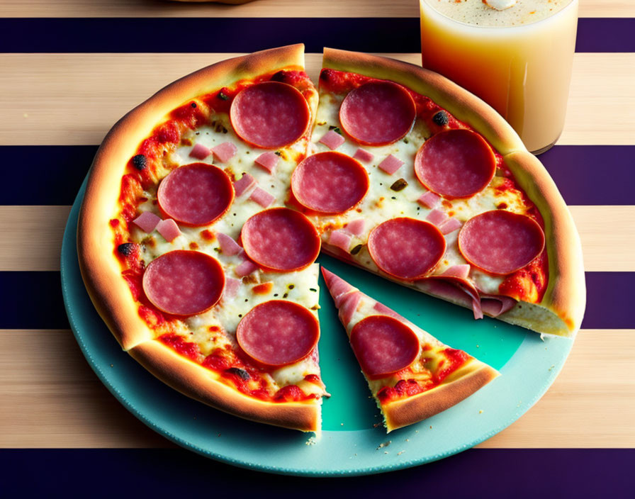 Pepperoni pizza slice on blue plate with orange juice and striped table