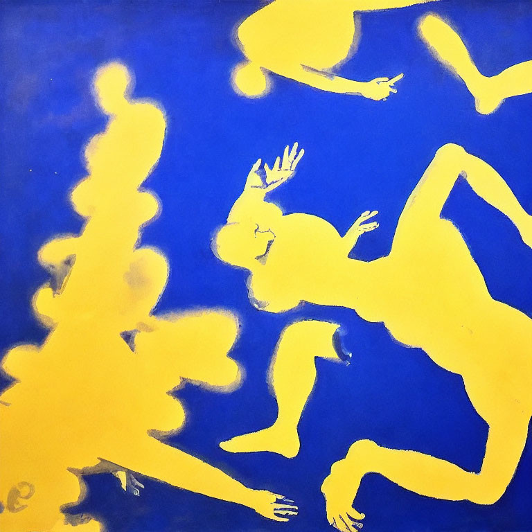 Abstract Painting: Yellow Human Silhouettes on Blue Background