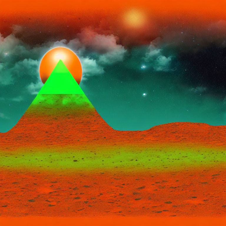 Surreal landscape with orange pyramids under starry sky and giant green orb